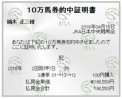 ※４／１６阪神３Ｒ無料情報三連単１８万馬券、三連複４万馬券的中！！