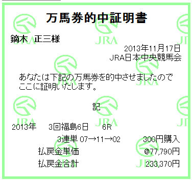 ※１１／１７福島６Ｒ無料サービス情報三連単７万馬券、三連複万馬券的中！！